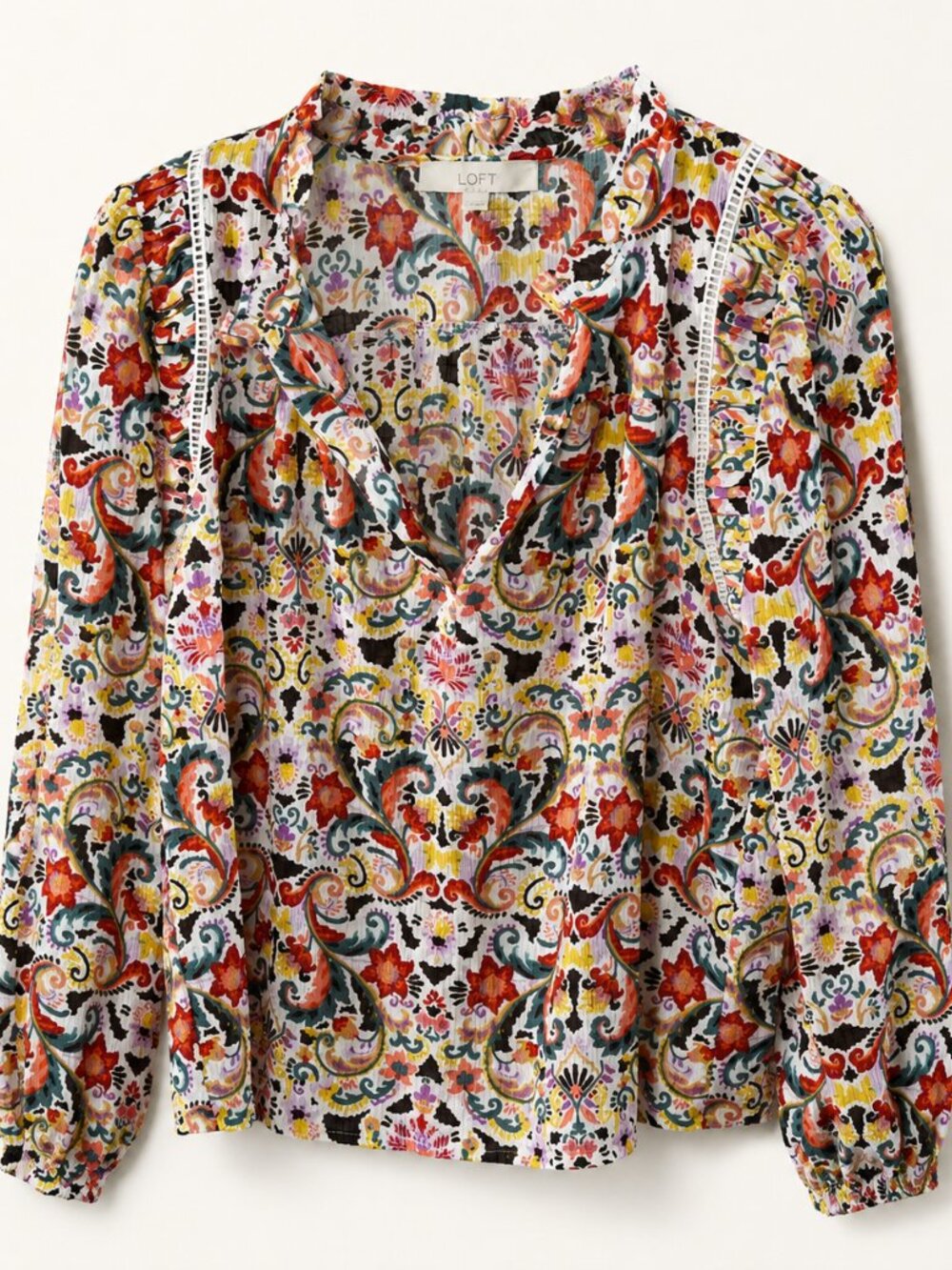 LOFT Paisley Floral Boho Blouse Large Ruffle Neck Peasant Top Cottagecore Romant